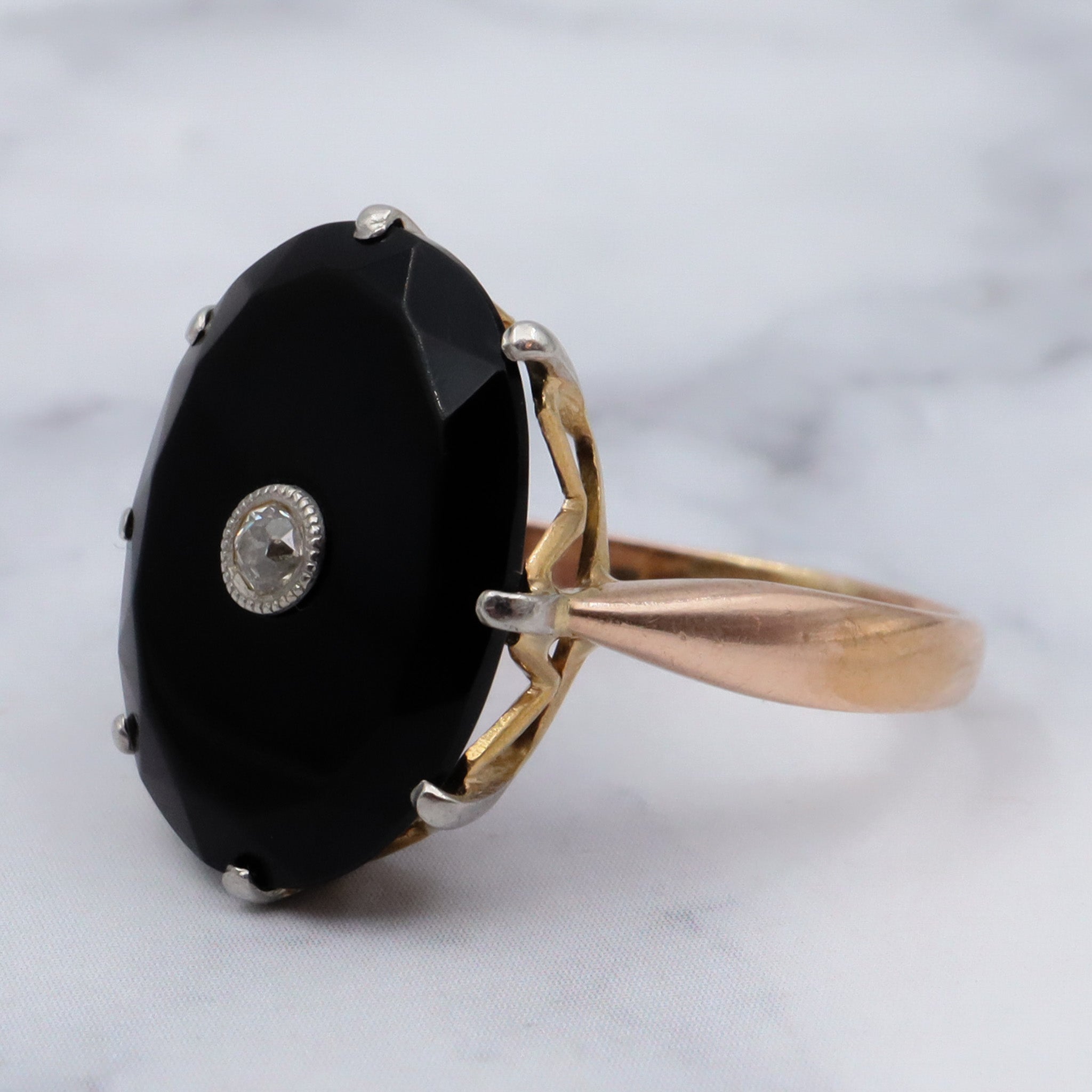 Antique Victorian 18k gold faceted onyx with old European cut diamond center with platinum tip ring, sz 6